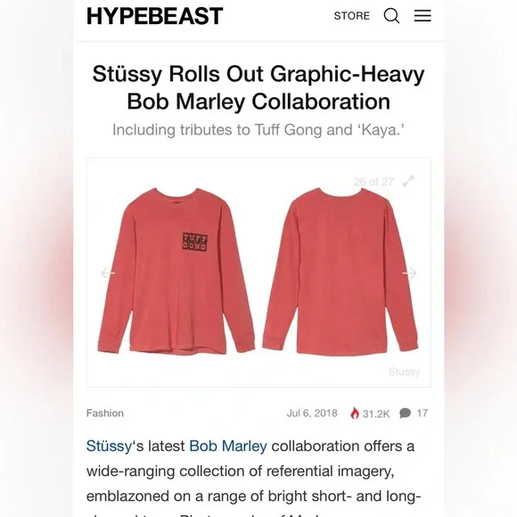 NWT Stussy x Bob Marley Collab Tuff Gong Long Sleeve Shirt Raspberry Medium